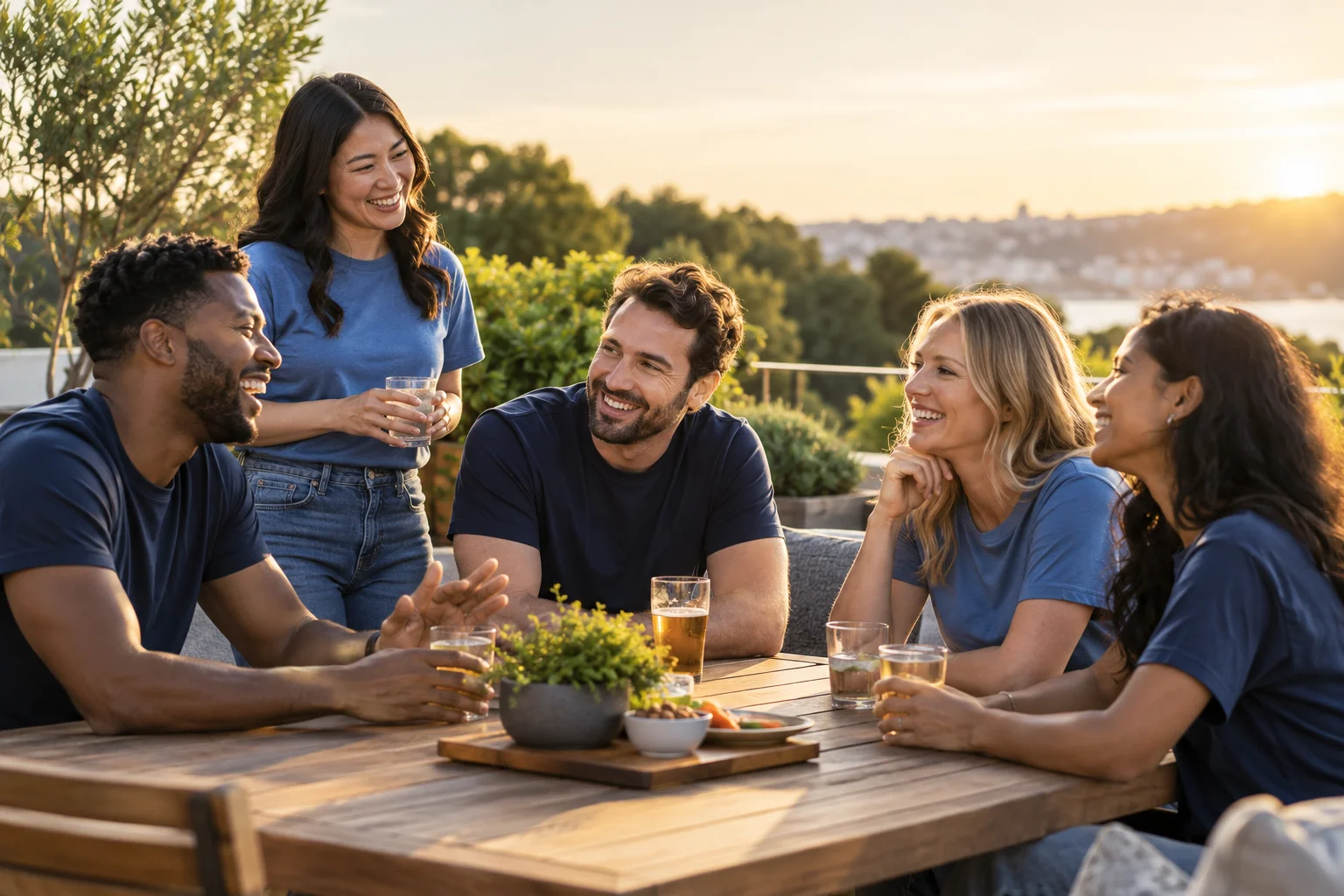 Coworkers in blue shirts sharing a relaxed conversation around an outdoor table.