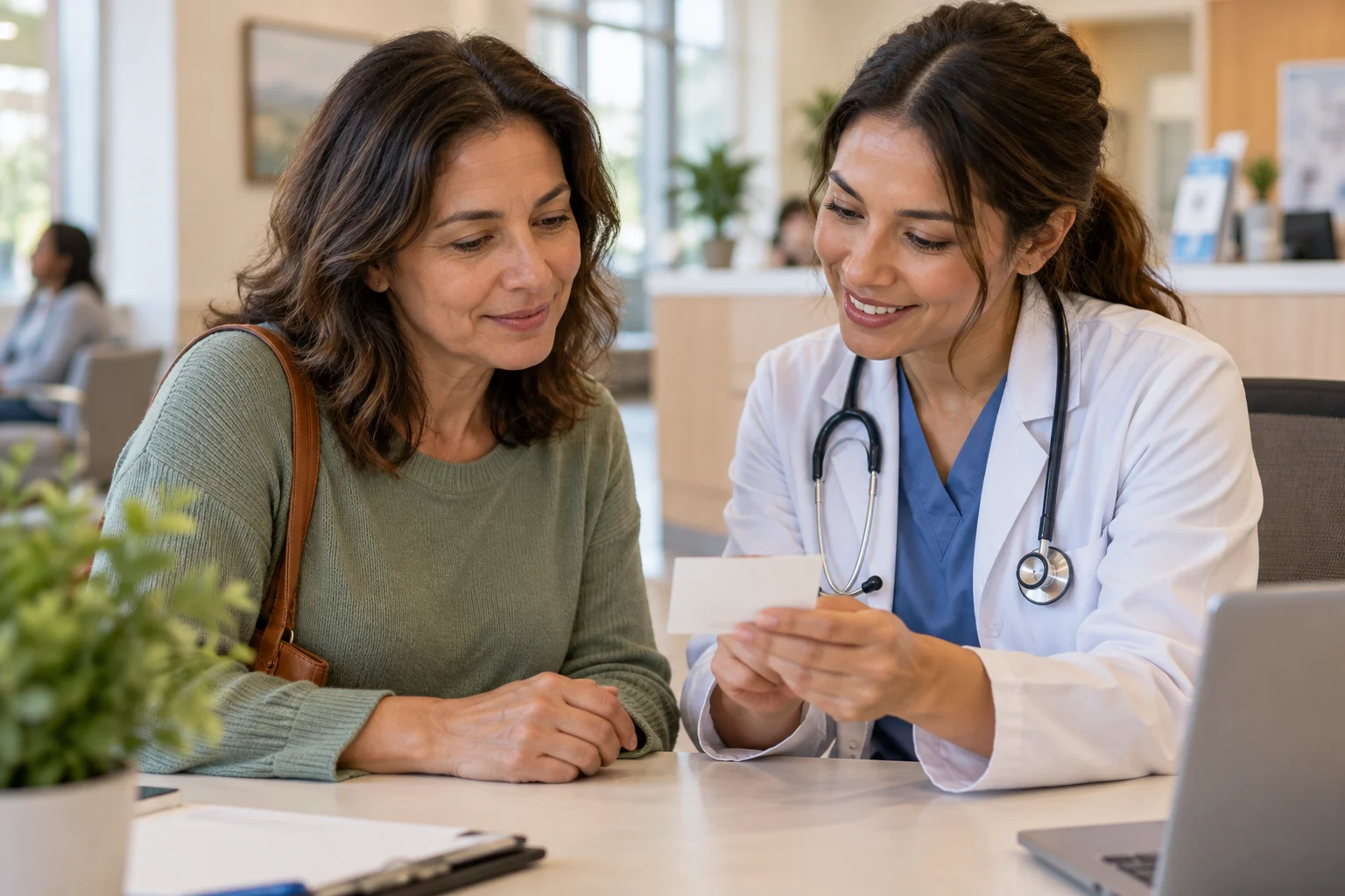 A woman and a healthcare professional reviewing a personal information card at a clinic.