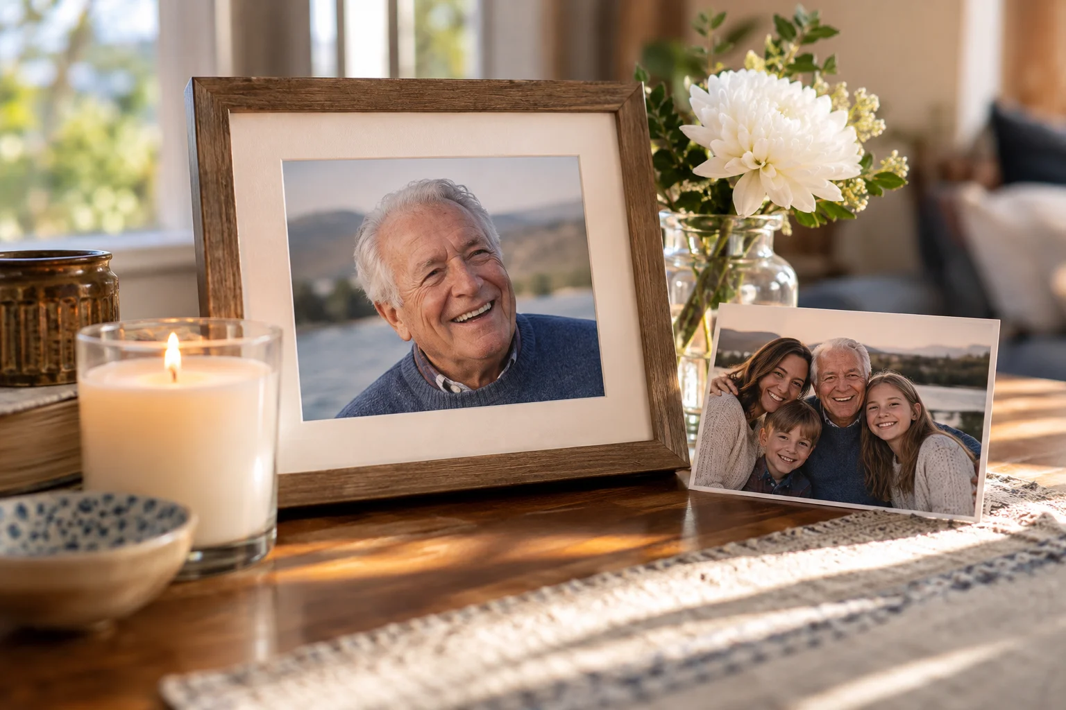 A framed portrait and family photograph beside white flowers and a glowing candle.