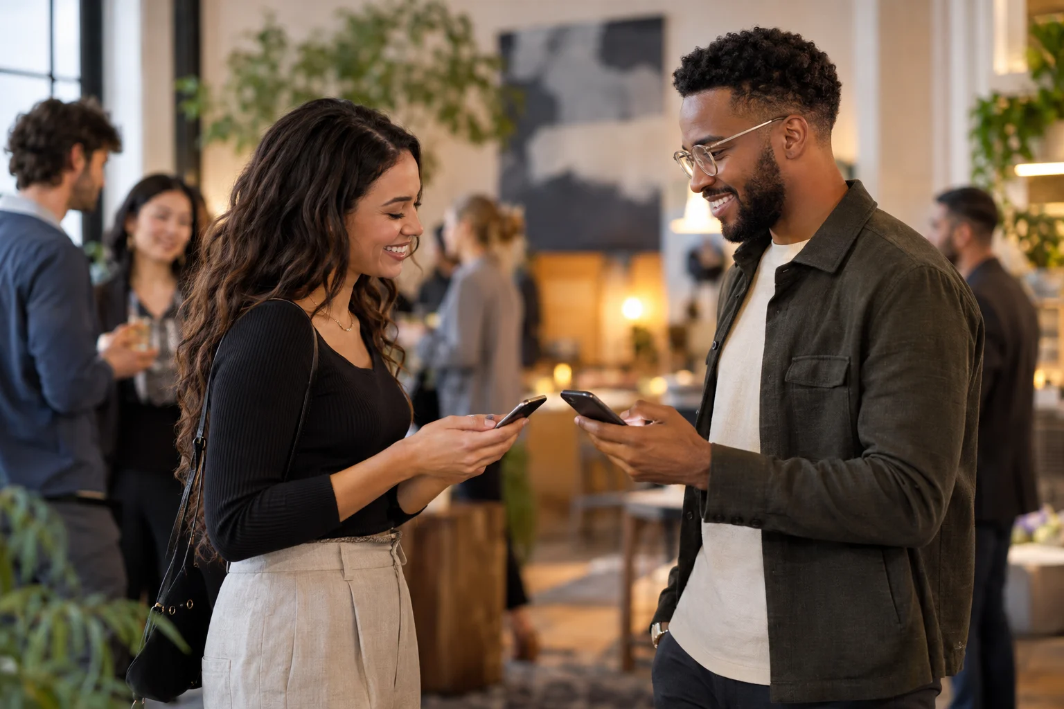 Two professionals exchanging contact information on smartphones at a casual meetup.