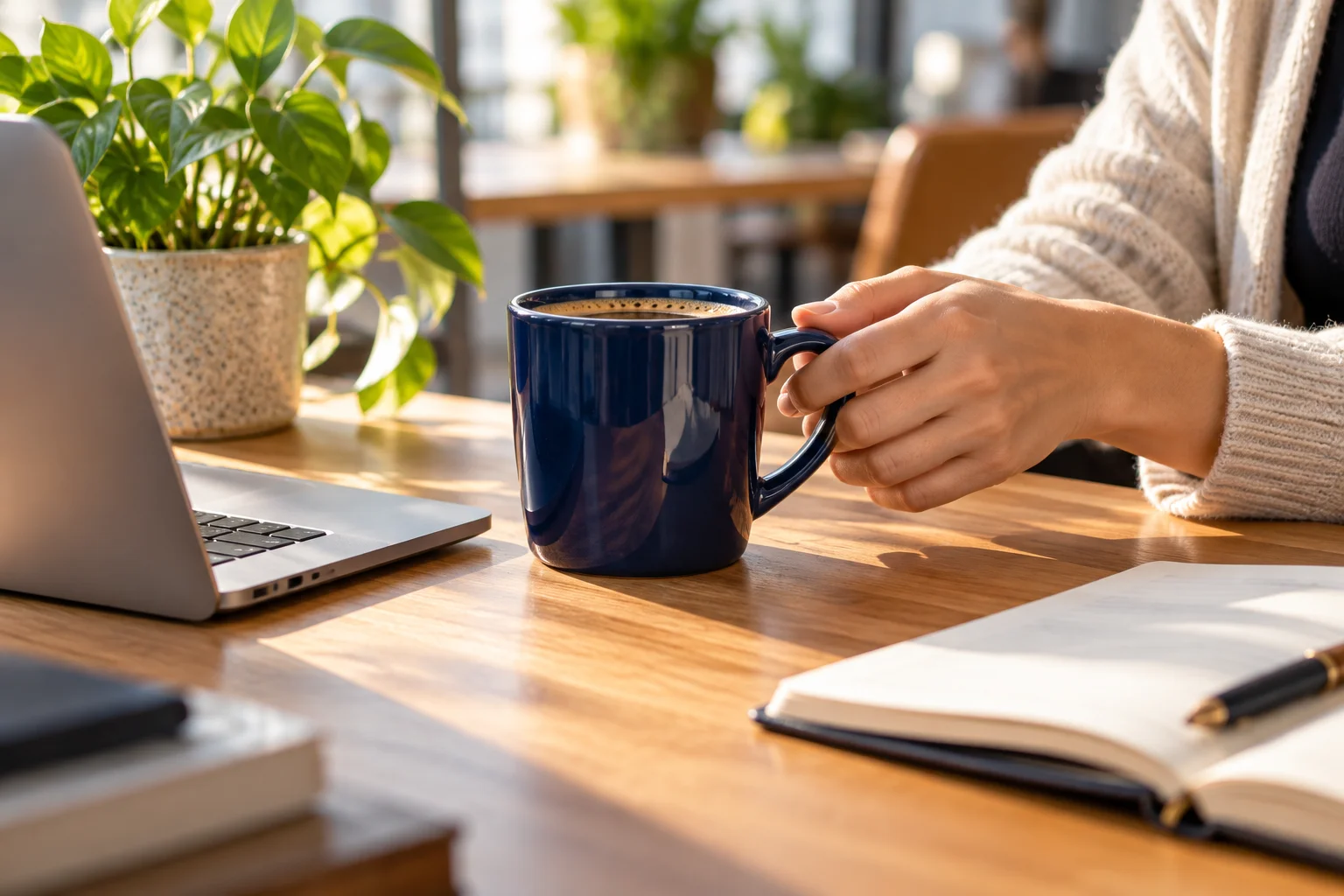 A navy coffee mug beside a notebook, laptop and plant on a sunlit office desk.