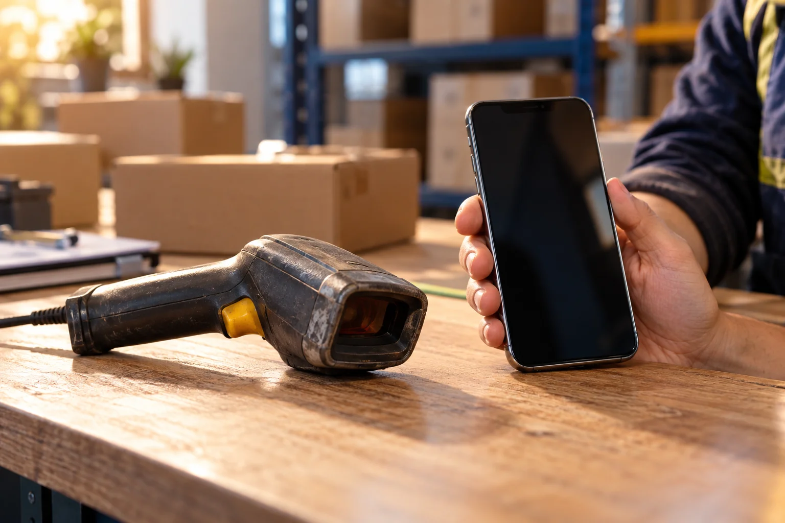 An older handheld barcode scanner beside a modern smartphone on a workbench.