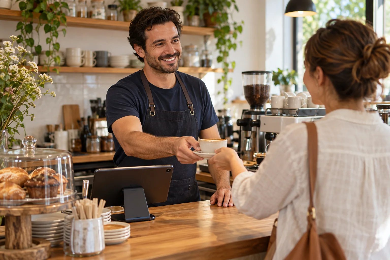 A cafe owner handing a cup of coffee to a customer across the counter.