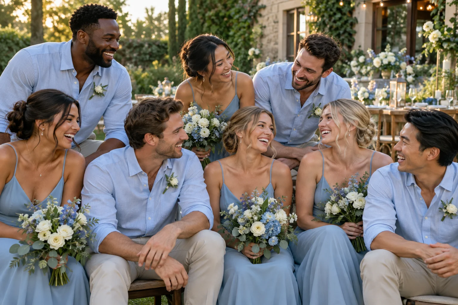 A wedding party in coordinated pale blue outfits laughing together in a garden.